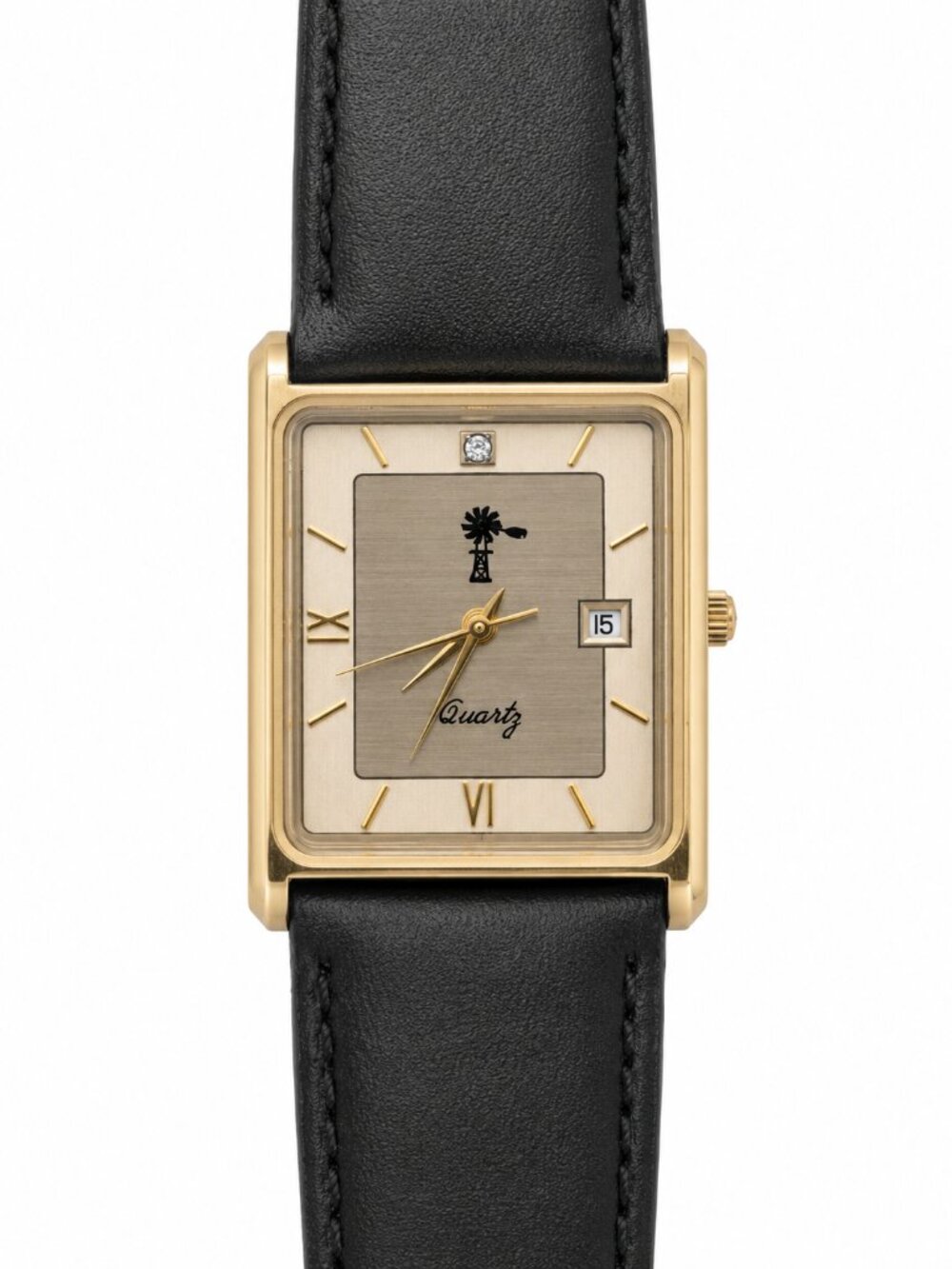 Vintage Gold-Tone Rectangular Quartz Dress Watch – Black Leather Band – Date